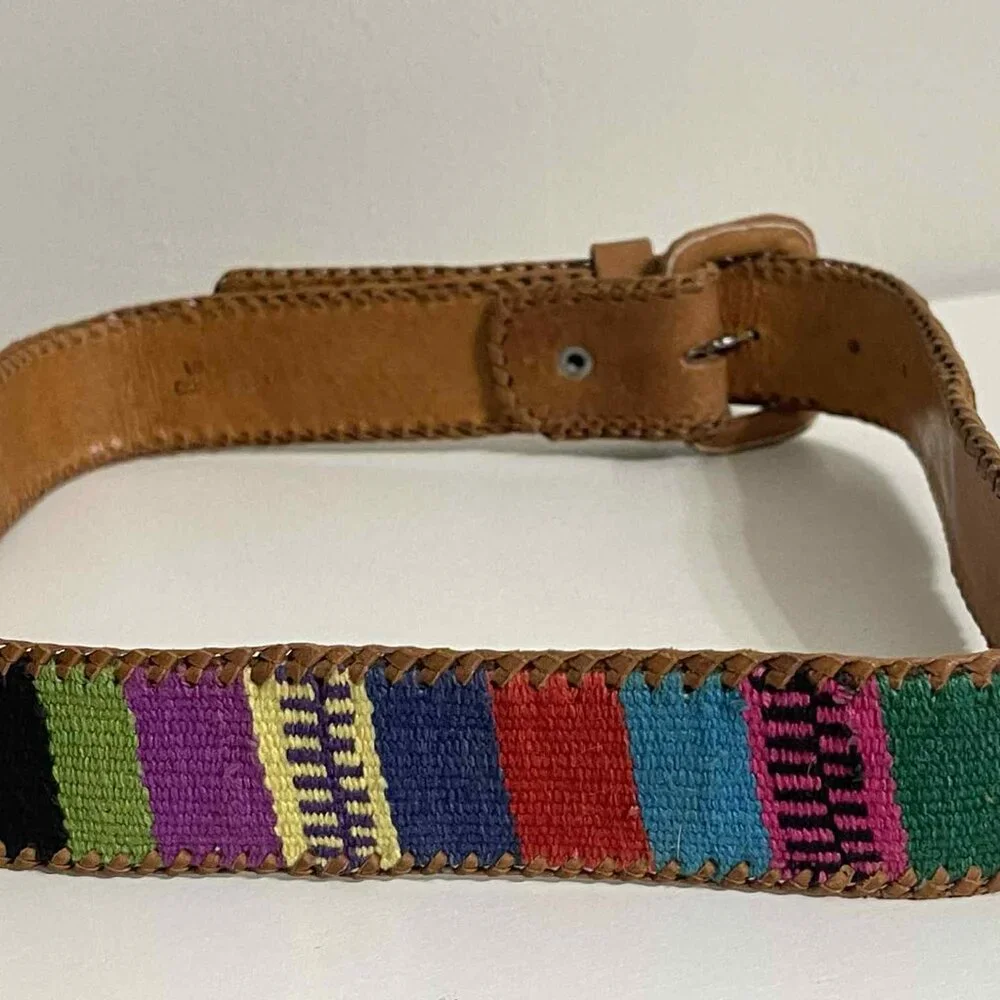 Ethnic Hispanic Guatemalan Made Serape Textured Leather Tooled belt‎ 28”-31” S/M